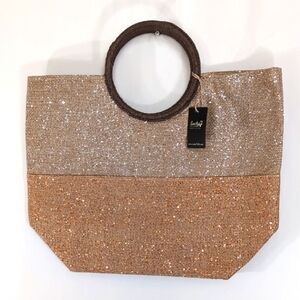 NWT Jute Lucky 7 Gold Glitter Bling Tote / Beach Bag / Travel Bag Round Handles